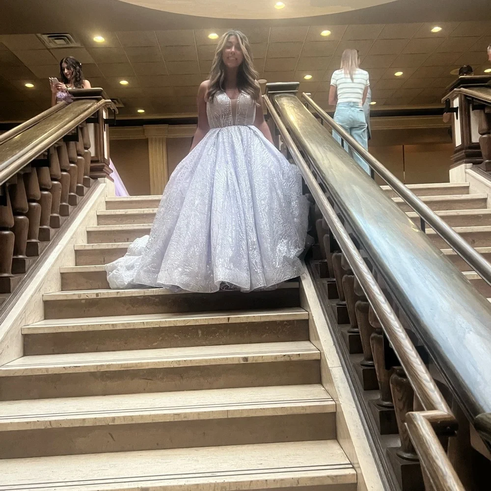 Elegant Pastel Purple Ballgown with Sheer Details, corset waist, silver glitter - Picture 2 of 11